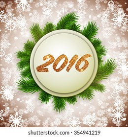 Gold Christmas 2016 design, New Year greeting card, postcard, vector illustration with fir branches on snow background