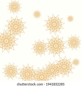 Gold Christmas Autumn Sun Chaotic Mandala Illustration. Colorful Sharp Snowflakes Summer Rich Wallpaper. Golden Stars Yellow Print New Year Pattern. Luxury Folk Happy Mystery White Sky Wallpaper.