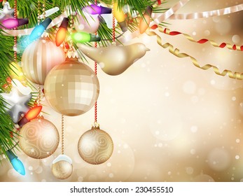 Gold Christmas background of de-focused lights with decorated tree. EPS 10 vector file included