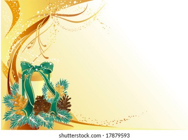 Gold christmas background with gift and pine cones.