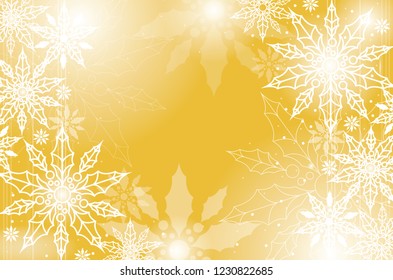 Gold Christmas background with holly tree ornament and snowflakes. Gold and white color. Vector illustration. 