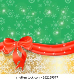 Gold Christmas background with ribbon and bow. Vector illustration.