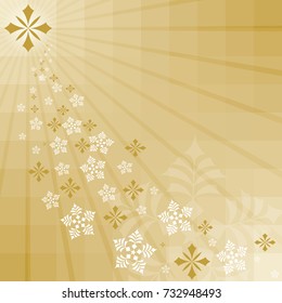 Gold christmas background. Snowflakes and stars. Lights. 