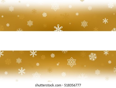 Gold Christmas background with white falling snowflakes and luminous wheels white stripe with shadow in the middle. Winter backdrop with snowfall. Gold backdrop with white area