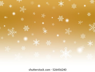 Gold Christmas background with white falling snowflakes and luminous wheels white stripe down. Winter backdrop with snowfall 