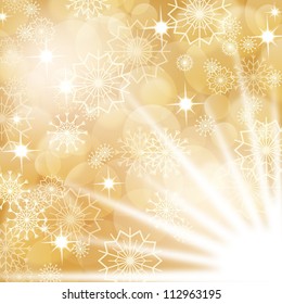 Gold christmas background with white snowflakes and fireworks, EPS10