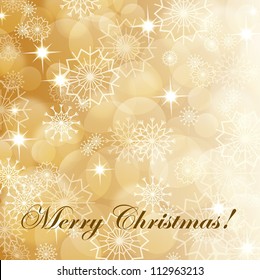 Gold christmas background with white snowflakes and fireworks, EPS10