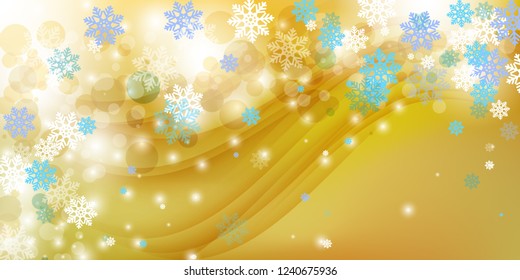 Gold Christmas background  with wight and blue snowflakes and gold waves. For banner, flyer, poster, cover, template, greeting cards. Vector. Eps.10.