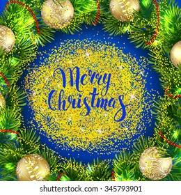 Gold Christmas background with wreath and balls. Vector card. Fir tree.
Calligraphy. Lettering.