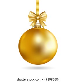 Gold Christmas ball with bow. Holiday christmas toy for fir tree. Vector illustration.