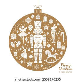 Gold Christmas ball.  Christmas card. Vector illustration. Nutcracker. Cute Christmas vector poster. 