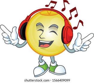 Gold christmas ball character listening to music in the 