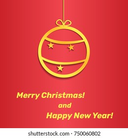 Gold christmas ball cut from paper on red background. Vector eps10 applique illustration for your design.