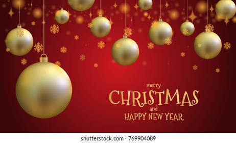 Gold christmas ball and gold glitter snowflake with mery christmas and happy new year on red background, vector illustration