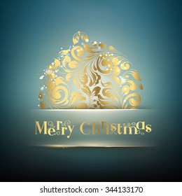 Gold christmas ball. Golden confetti falls on the blue background. Happy new year 2016. Holiday card. Template for your design. Vector illustration.