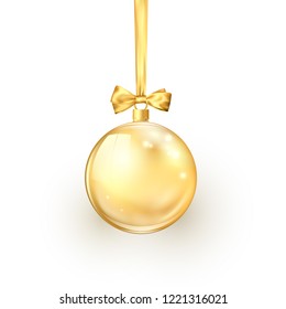 Gold Christmas ball with golden silk ribbon and bow. Element of holiday decoration. Vector illustration isolated on white background