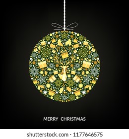 Gold  Christmas ball.  Golden, white  decoration. Happy New Year black background. Xmas  reindeer, gifts,  snowflakes. Vector template  for greeting  card.