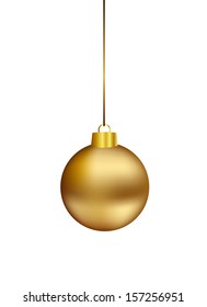 Gold christmas ball hanging on white