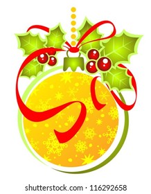 Gold Christmas ball isolated on white background. Christmas berry and red ribbon. Design element for greeting cards or flyers.