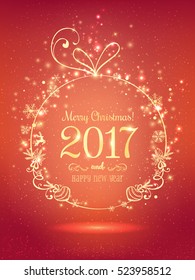 Gold Christmas ball for Merry Christmas 2017 and New Year on red background with light, stars, snowflakes. Holiday card. Vector eps illustration