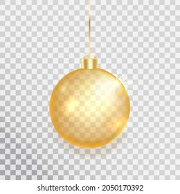 Gold christmas ball on transparent background. Xmas golden decoration. Luxury bauble design element. Clear glass hang toy decor. New year gift. Glitter sphere.Festive present card.Vector illustration.