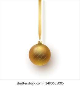 Gold Christmas ball, with an ornament and spangles. Isolated on white background. Vector illustration.
