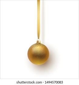 Gold Christmas ball, with an ornament and spangles. Isolated on white background. Vector illustration.