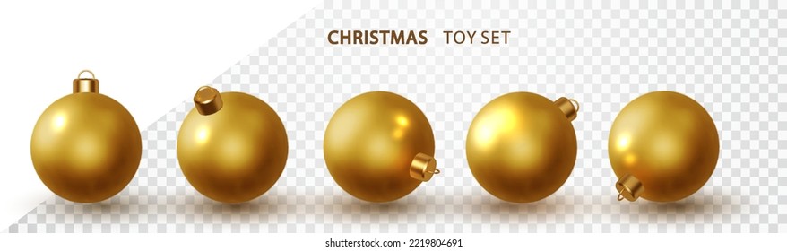 Gold Christmas ball realistic Isolated in different projections. Holiday toy decoration 3d element. Rendering vector illustration