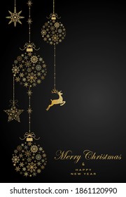 Gold christmas ball, star made from snowflakes and dear on black background. New year texure. Vector illustration