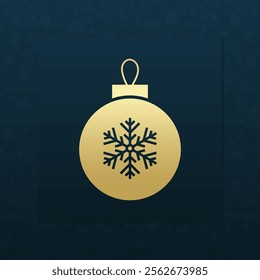 Gold Christmas ball symbol. New Year vector greeting card. Blue snowflake background for celebration, congratulation, decoration, winter holiday, frame, web design