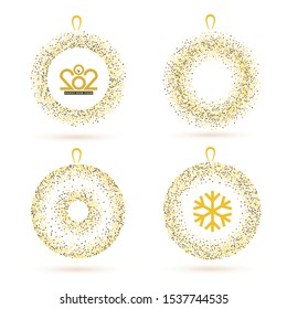 Gold Christmas ball vector icons or spheres isolated on white background. Collection of xmas bauble outlines with different ornaments for winter decoration