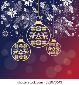 Gold christmas ball with Winter knitted pattern (snowflake, tree and deer) on red and blue background 