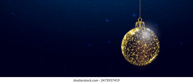 Gold Weihnachtsball. Wireframe glühendes Low-Poly-Design auf blauem Hintergrund. Abstrakte futuristische Vektorillustration.