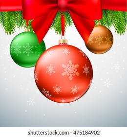 Gold Christmas balls with green fir branches on the background made of snowflake. Realistic vector bright ball with snowflakes and red ribbon, editable eps 10