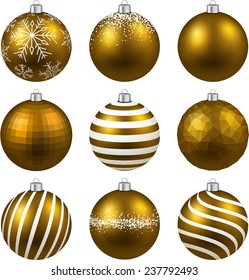 Gold christmas balls on white surface. Set of isolated realistic decorations. Vector illustration. 
