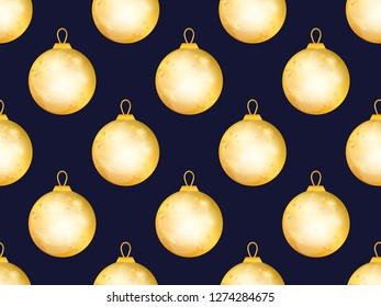 Gold christmas balls seamless pattern. Bokeh effect. Greeting card design template. Vector illustration