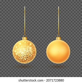 Gold Christmas balls set isolated on a transparent background. Stocking Christmas decorations with glitter. Vector object for christmas design, mockup. Vector realistic object