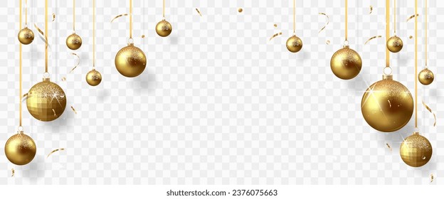  Gold christmas balls with shadow and confetti isolated on transparent background