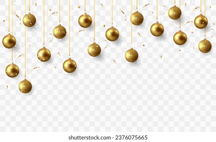  Gold christmas balls with shadow and confetti isolated on transparent background