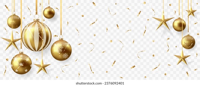  Gold christmas balls with shadow and confetti isolated on transparent background