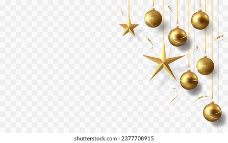 Gold christmas balls with shadow and confetti isolated on transparent background	