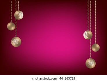Gold Christmas balls with snow patterns, on a gold tape on a red background