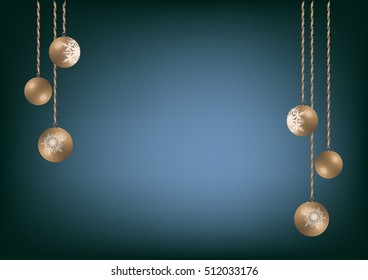 Gold Christmas balls with snow patterns, on a gold tape on a blue background