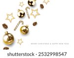 gold christmas balls,stars decorative abstract merry christmas and happy new year celebration white background top view. greeting card,poster and banner vector illustration.