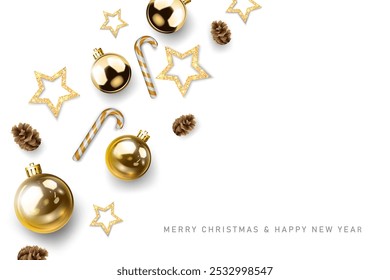 gold christmas balls,stars decorative abstract merry christmas and happy new year celebration white background top view. greeting card,poster and banner vector illustration.