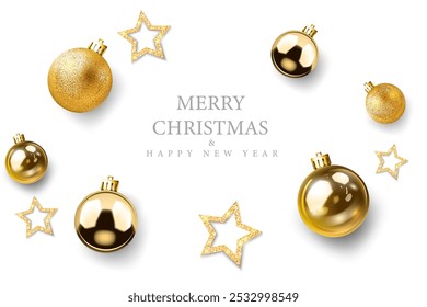 Bolas de oro de la Navidad, estrellas decorativas abstractas Feliz Navidad y feliz año nuevo celebración de fondo blanco vista superior. tarjeta de felicitación, cartel y Ilustración vectorial de Anuncio.