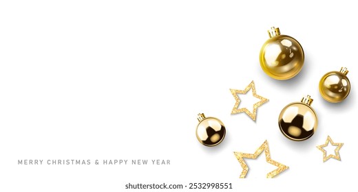 gold christmas balls,stars decorative abstract merry christmas and happy new year celebration white background top view. greeting card,poster and banner vector illustration.