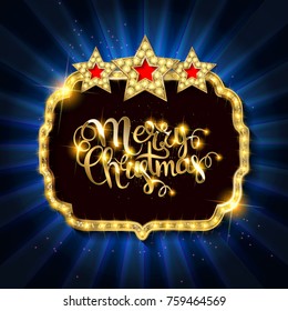 Gold Christmas banner with light bulbs. Merry Christmas background for design for banners, flyers, Invitations, cards. On a dark background. With three gold stars