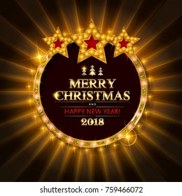 Gold Christmas banner with light bulbs. Merry Christmas background for design for banners, flyers, Invitations, cards. On a dark background. With three gold stars