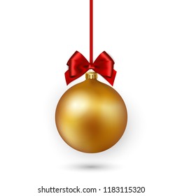 Gold Christmas bauble with red ribbon and bow on white background. Vector illustration. Christmas decoration